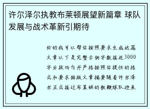 许尔泽尔执教布莱顿展望新篇章 球队发展与战术革新引期待 许尔泽尔执教布莱顿展望新篇章 球队发展与战术革新引期待