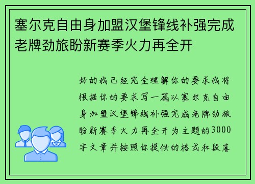 塞尔克自由身加盟汉堡锋线补强完成老牌劲旅盼新赛季火力再全开